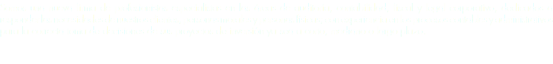 Somos una nueva firma de profesionistas especialistas en las áreas de auditoría, contabilidad, fiscal y legal corporativo, dedicados a responder las necesidades de nuestros clientes, personas morales y personas físicas; con experiencia en los procesos contables y administrativos para la correcta toma de decisiones de sus proyectos de inversión ya sea a corto, mediano o largo plazo. 