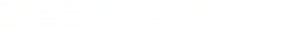 Nuestro equipo de profesionales se encargará de generar información de sus empresas, derivado de sus transacciones contables apegado a normatividad nacional e internacional, así como las normas de auditoria, para verificar el apego cumplimiento de las normas de información financiera local y global. Nuestra opinión les da a nuestros clientes transparencia en su información contable y fiscal dando confianza a terceros. 